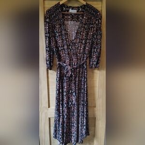 Knox Rose Women's Black Rust Grey Print Maxi Dress | 3/4 Balloon Sleeve| Large